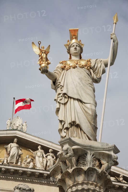 Statue of Athena raised on pillar above fountain in front of the Parliament building. Photo: Bennett Dean