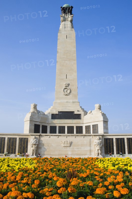 World War One Naval Memorial obelisk on Southsea seafront designed by Sir Robert Lorimer with sculpture by Henry Poole and the World War Two memorial in the foreground with sculpture by Sir Charles Wheeler. Photo: Paul Seheult