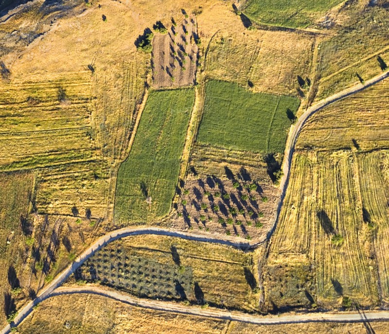 Aerial view over landscape and field patterns and branching road from hot air balloon. Photo: Hugh Rooney