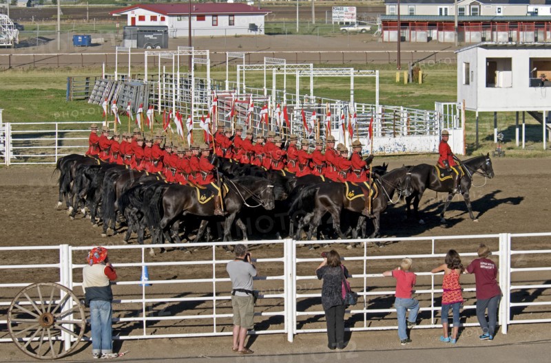 Canada, Alberta, Lethbridge, Royal Canadian Mounted Police Musical Ride 32 RCMP cavalry in full dress red serge uniform on horseback holding lances with red and white pennons saluting with an eyes right led by commanding officer with sword drawn Mounties put on riding displays across Canada and around the world. 
Photo : Trevor Page