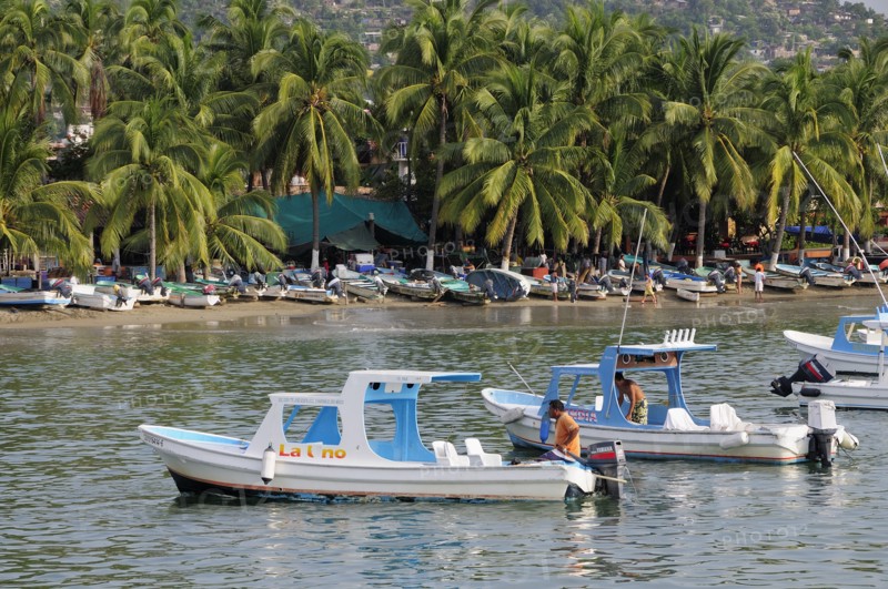 Mexico, Guerrero, Zihuatanejo, Playa Principal. Fishing boats. 
Photo : Nick Bonetti