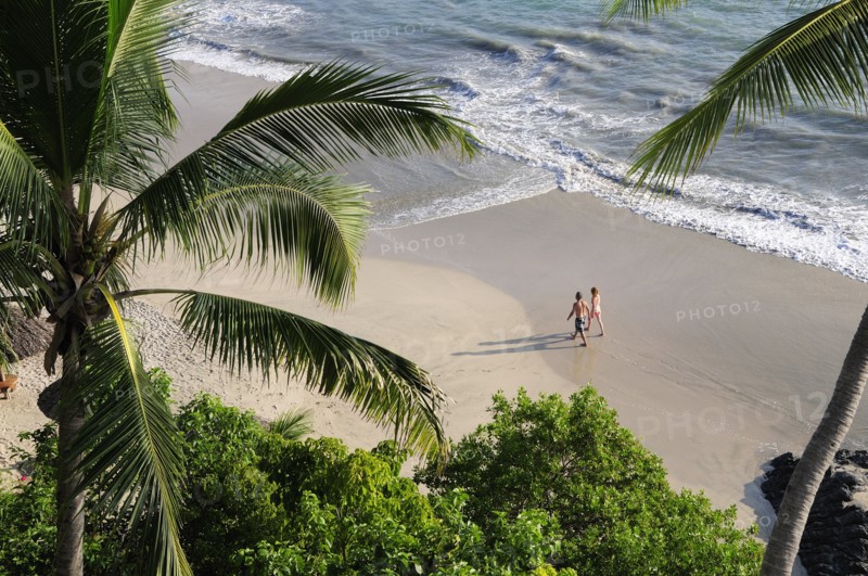 Mexico, Guerrero, Zihuatanejo, View through palm trees onto Playa la Ropa sandy beach. 
Photo : Nick Bonetti