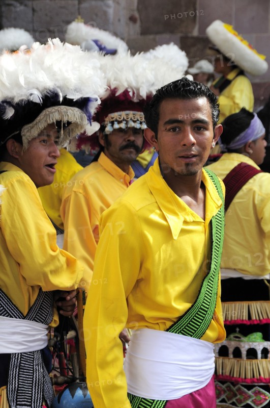 Mexico, Bajio, Zacatecas, Indigenous dance group performing in Plaza Hidalgo. 
Photo : Nick Bonetti