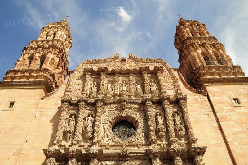 Mexico, Bajio, Zacatecas, Cathedral angled part view of baroque facade. 
Photo : Nick Bonetti