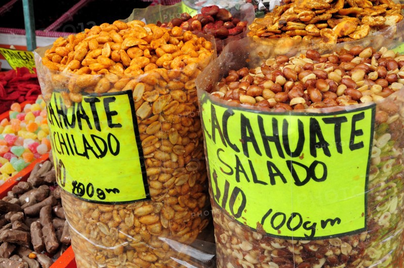 Mexico, Oaxaca, Peanuts for sale on market stall. 
Photo : Nick Bonetti