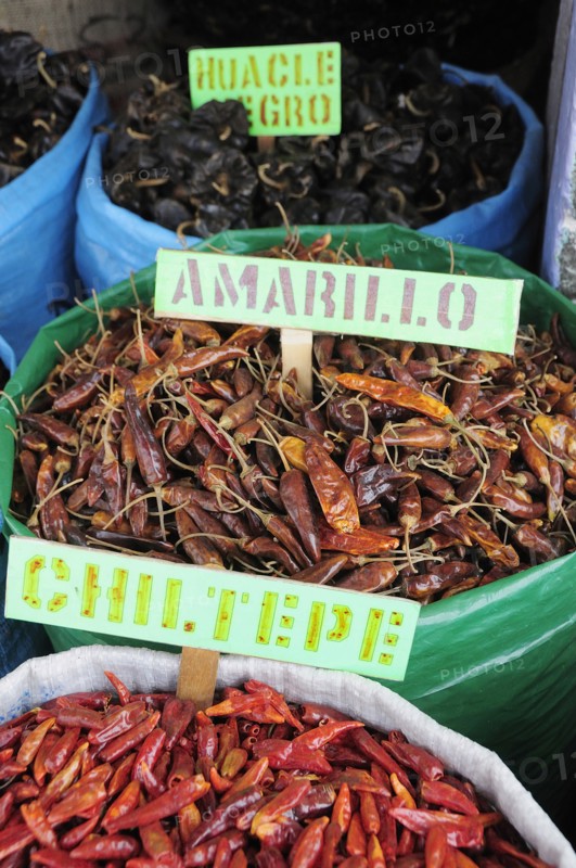 Mexico, Oaxaca, Dried chillies for sale in the market. 
Photo : Nick Bonetti