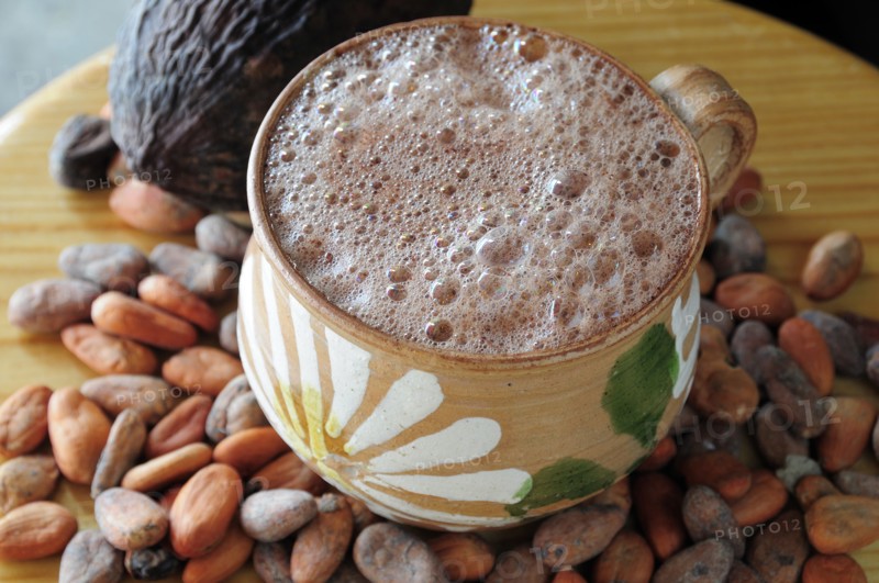 Mexico, Oaxaca, Chocolate caliente hot chocolate in painted cup with cocoa beans and pod. 
Photo : Nick Bonetti