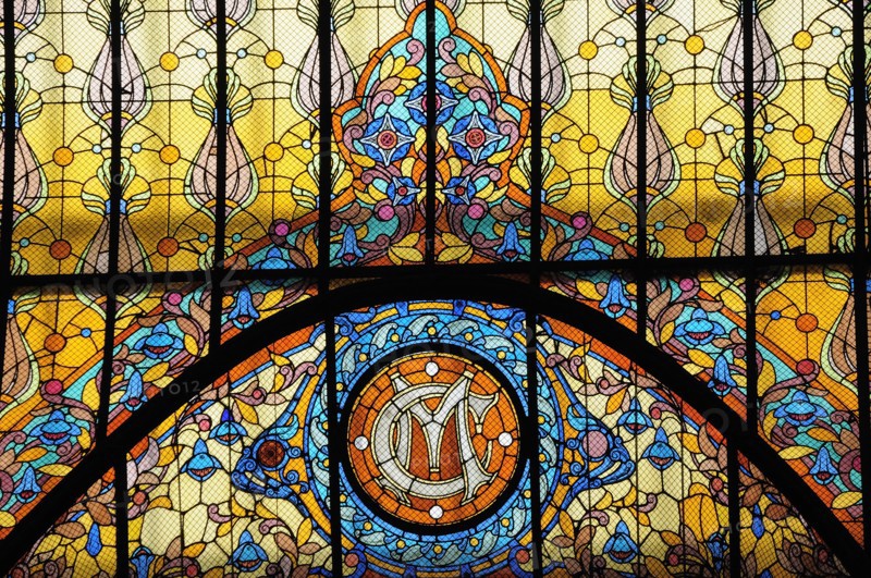 Mexico, Federal District, Mexico City, Detail of Tiffany glass window in the Gran Hotel Zocalo. 
Photo : Nick Bonetti