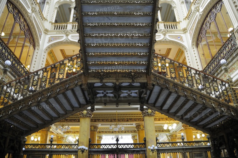 Mexico, Federal District, Mexico City, Art Nouveau interior and staircase of Correo Central the main Post Office. 
Photo : Nick Bonetti