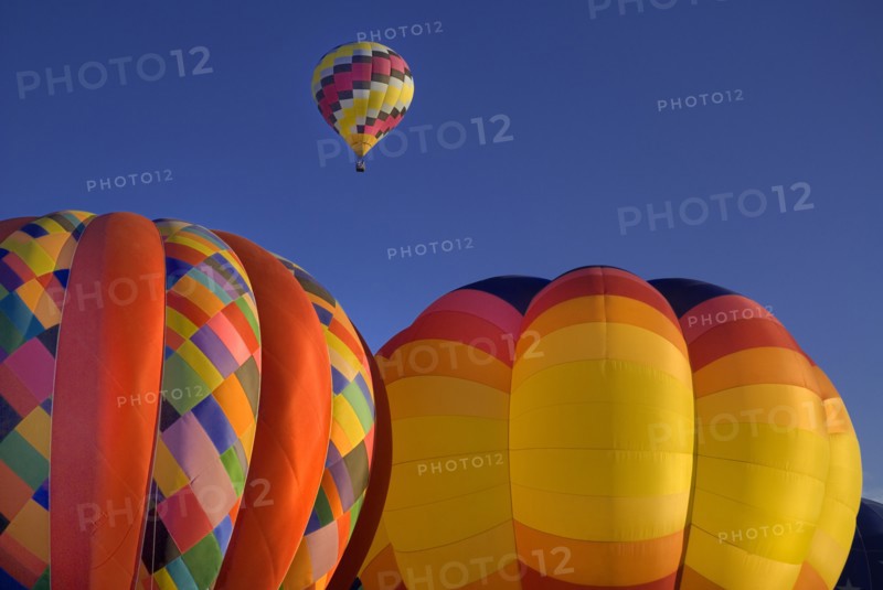 USA, New Mexico, Albuquerque, Annual balloon fiesta colourful hot air balloons in flight. 
Photo : Hugh Rooney
