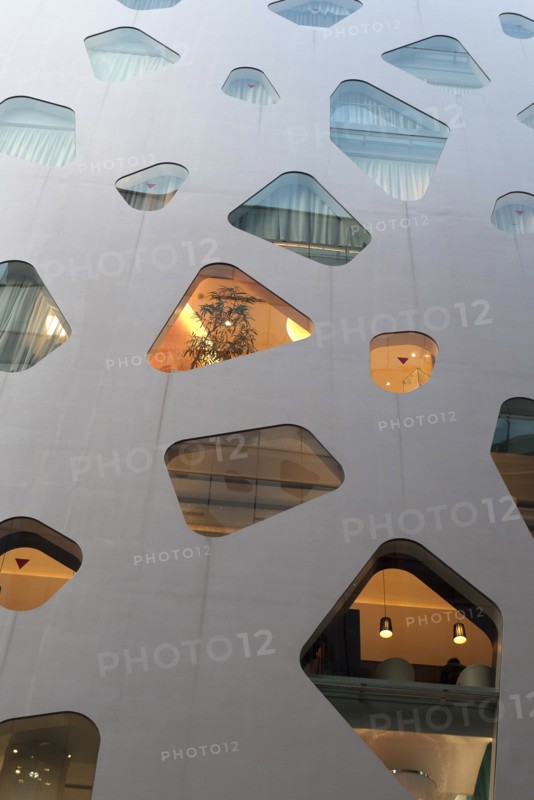 Japan, Honshu, Tokyo, Ginza. Detail of facade of the new Mikimoto Building with distinctive windows. 
Photo : Jon Burbank