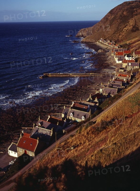 Scotland, Aberdeenshire, Crovie, One time fishing village seen from cliff top. Row of cottages at foot of steep hillside overlooking coast and stone jetty. 
Photo : Bryan Pickering