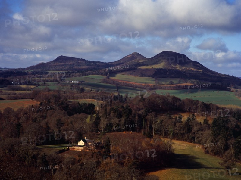Scotland, Borders, Melrose, Eildon Hills circa 422 metres from Scotts View. Rooftops of house in foreground and agricultural land bordered by trees. 
Photo : Bryan Pickering