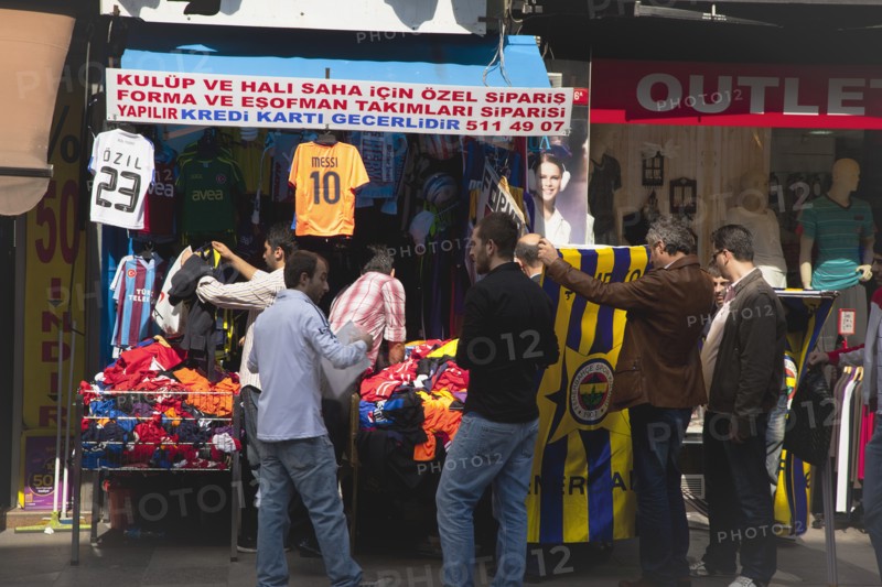 Turkey, Istanbul, Eminonu Shop selling football shirts. 
Photo : Stephen Rafferty