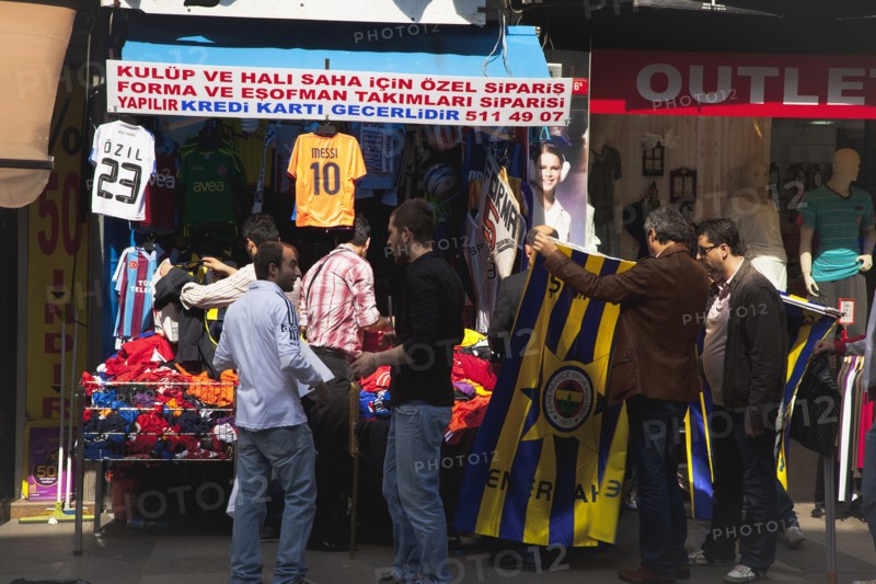 Turkey, Istanbul, Eminonu Shop selling football shirts. 
Photo : Stephen Rafferty