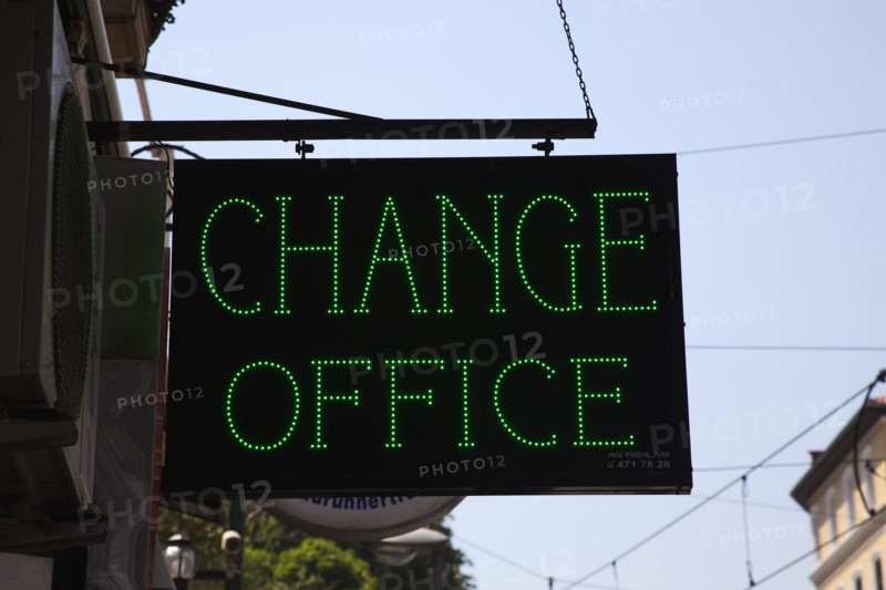 Turkey, Istanbul, Sultanahmet green LED sign outside foreign exchange office. 
Photo : Stephen Rafferty