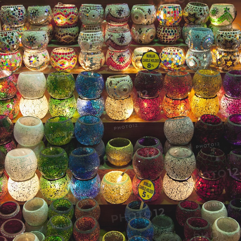 Turkey, Istanbul, Eminonu Misir Carsisi Spice Market display of colourful lamps. 
Photo : Stephen Rafferty