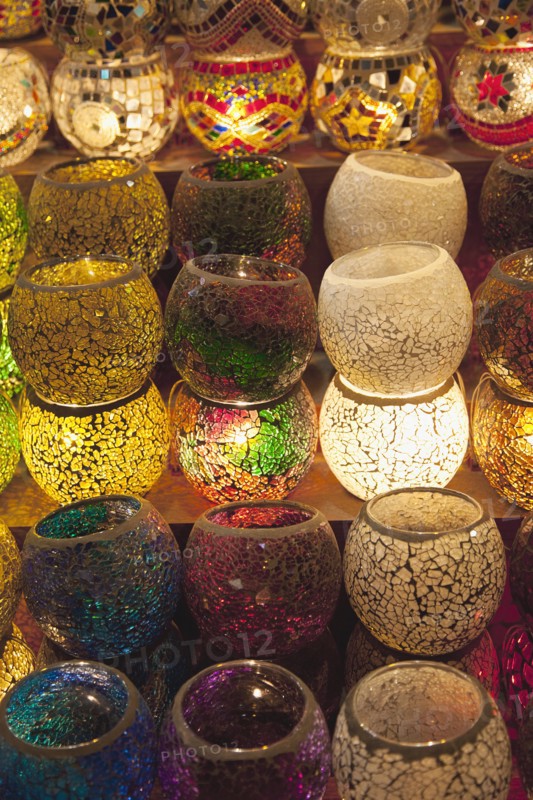 Turkey, Istanbul, Eminonu Misir Carsisi Spice Market display of colourful lamps. 
Photo : Stephen Rafferty