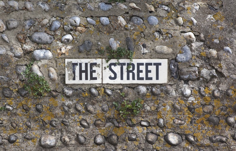 Communications, Signage, Street name embedded in flint wall. 
Photo : Stephen Rafferty