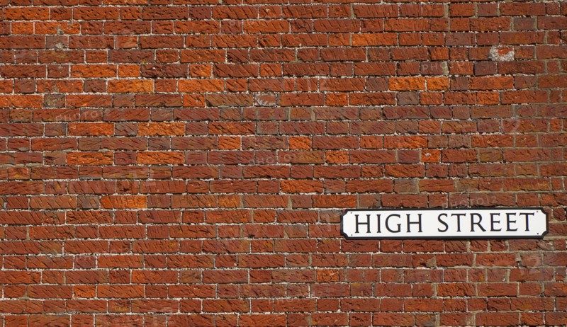 Cummunications, Signage, High Street sign in red brick wall. 
Photo : Stephen Rafferty
