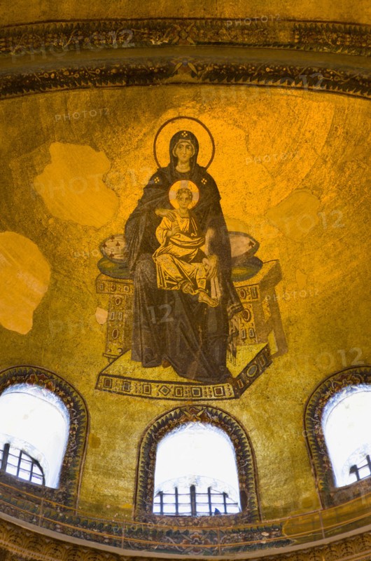 Turkey, Istanbul, Sultanahmet Haghia Sophia Mural of Virgin Mary holding the baby infant Jesus in the domed interior. 
Photo : Paul Seheult