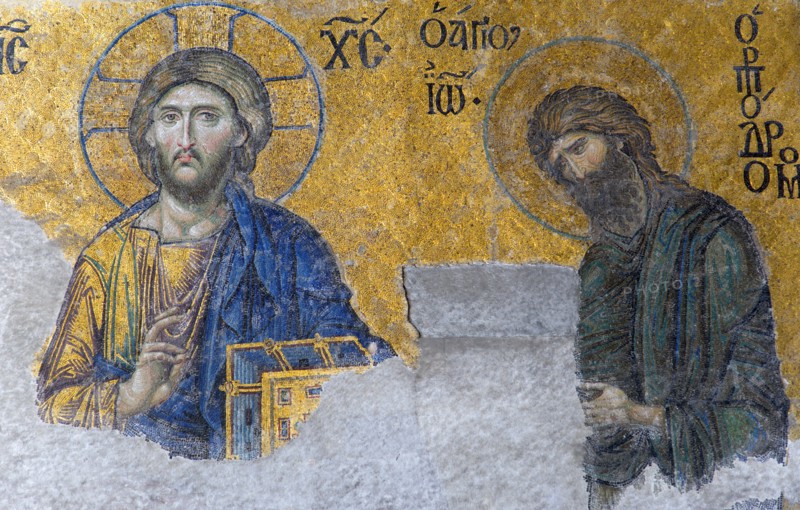 Turkey, Istanbul, Sultanahmet Haghia Sophia the 13th Century Deesis mosaic of Jesus Christ and St John The Baptist in the South Gallery. 
Photo : Paul Seheult