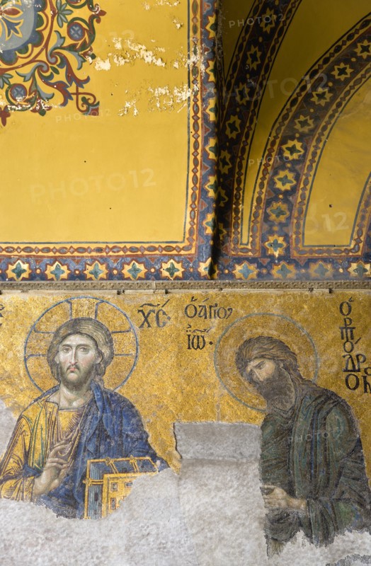 Turkey, Istanbul, Sultanahmet Haghia Sophia the 13th Century Deesis mosaic of Jesus Christ and St John The Baptist in the South Gallery. 
Photo : Paul Seheult