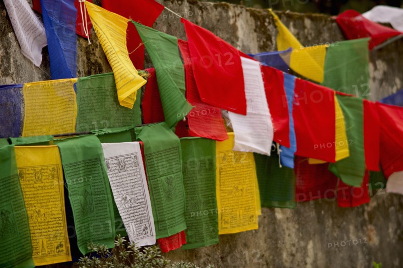 ART IN BUDDHIST MONASTERIES OF SIKKIM INDIA - COLORFUL MONASTERY PRAYER FLAGS