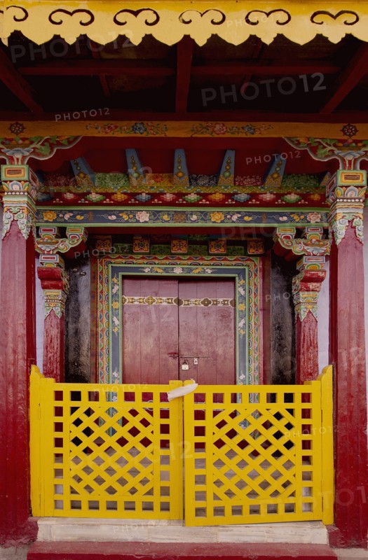 Art in Buddhist Monastery architecture in Sikkim, India - hand crafted and painted door