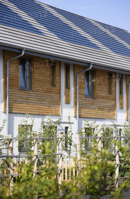Architecture, Environment, Solar Power, Alternative Energy Electricity Solar photovoltaic roof tiles or slates on new houses by Linden Homes in Graylingwell Park. 
Photo : Paul Seheult
