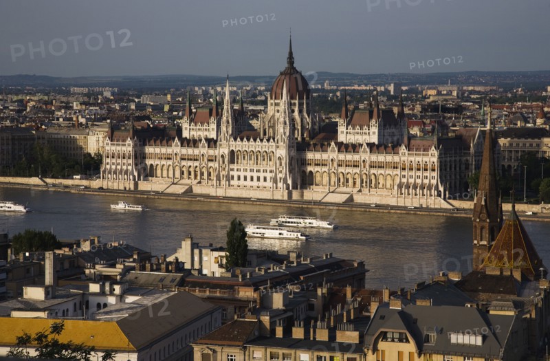 Buda Castle District view over Danube and Pest with Parliament Building.