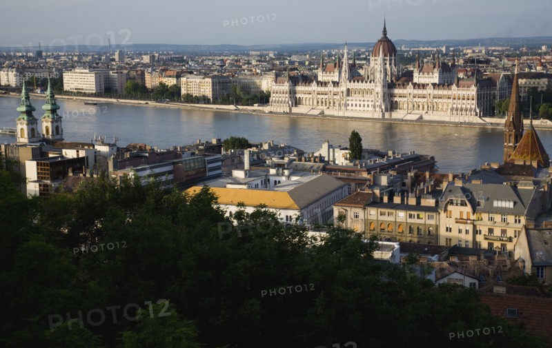 Buda Castle District view over Danube and Pest with Parliament Building.
