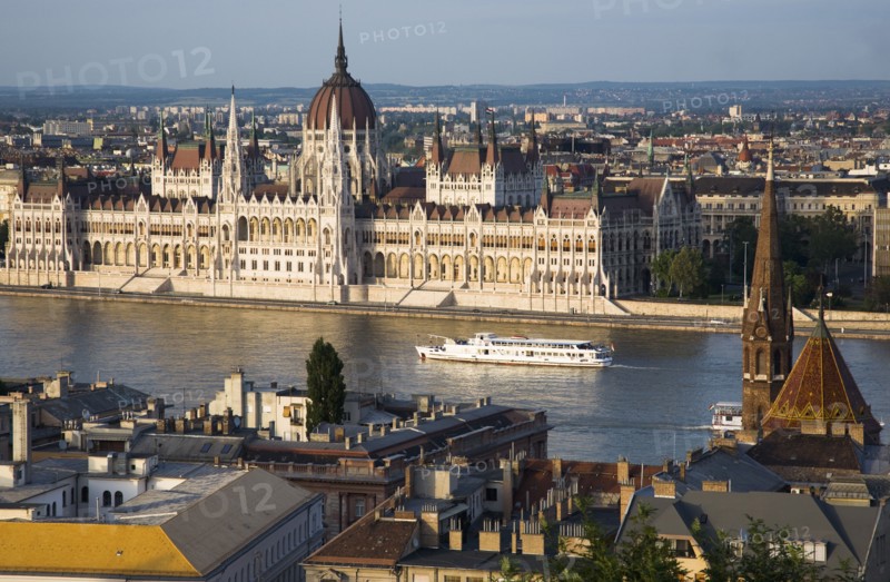 Buda Castle District view over Danube and Pest with Parliament Building.