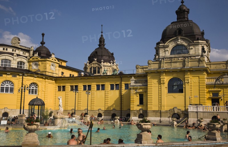 Pest Outdoor bathing in summer at Szechenyi thermal baths largest in Europe.