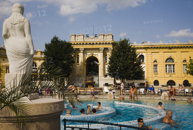 Pest Outdoor bathing in summer at Szechenyi thermal baths largest in Europe.