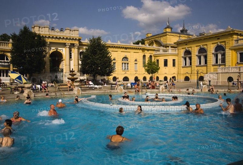 Pest Outdoor bathing in summer at Szechenyi thermal baths largest in Europe.