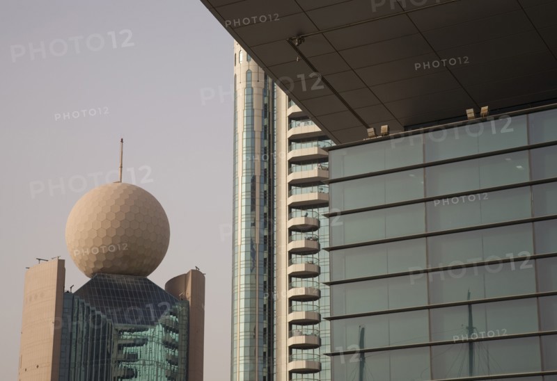 Etisalat building from awning of National Bank of Dubai overlooking the Creek.