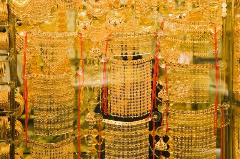 Gold jewellery in window display of Gold Souk Deira.