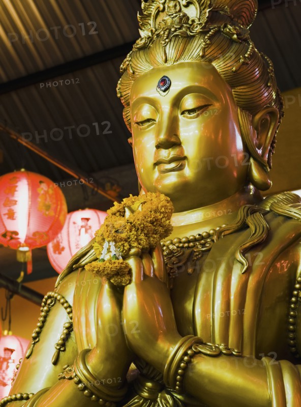 Gold Guanyin Goddess of Mercy statue with red lanterns for Chinese New Year.