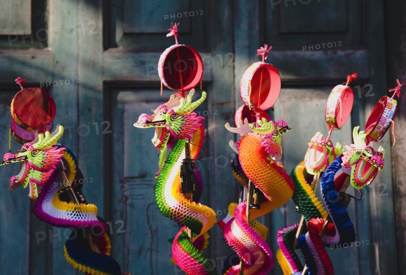 Paper Dragon rattle decorations for Chinese New Year.