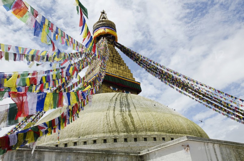Five color prayer flags with mantras at Swayambhunath Stupa.