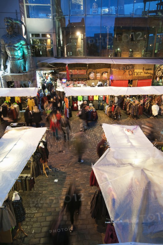 Camden Lock Market Looking down on early evening Christmas shoppers.