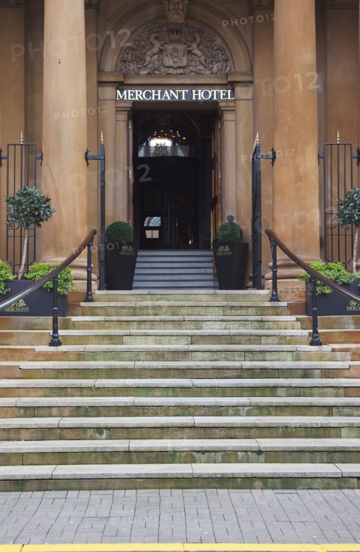 Cathedral Quarter Entrance steps of the Merchant Hotel in Waring Street a former bank.