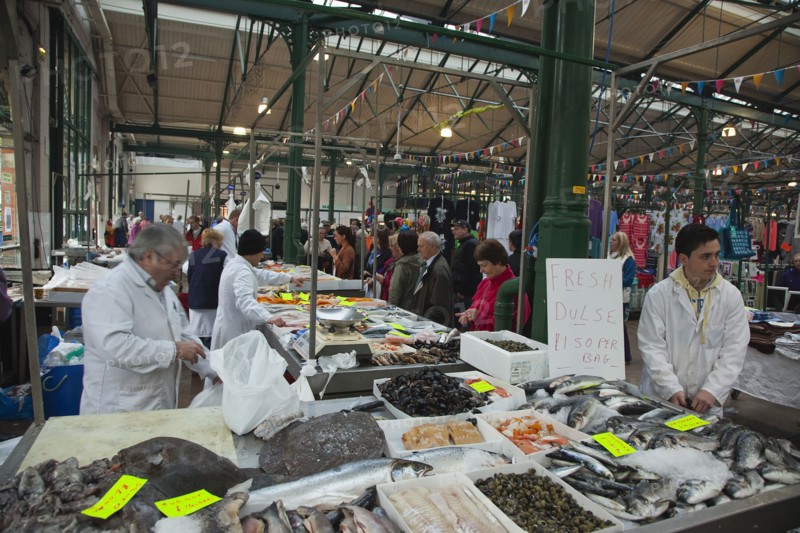 St Georges Market fresh fish display with Dulse seaweed for sale.