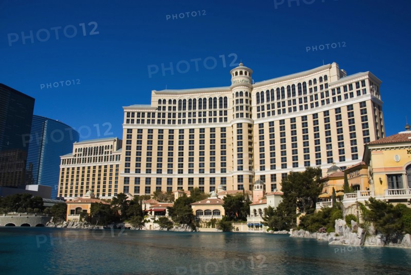 The Bellagio Hotel Casino across the fountain lake.