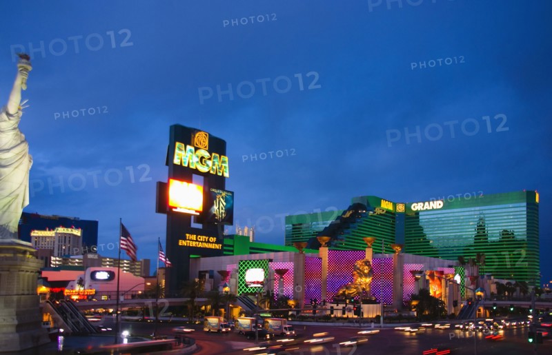City view of the MGM Grand Casino Hotel at night.