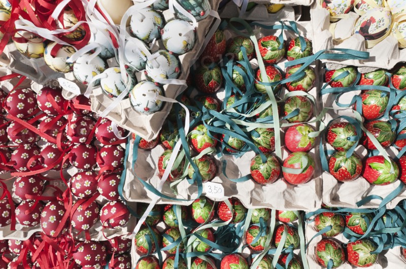 Trays of hand-painted and hand decorated egg shells to celebrate Easter at the Old Vienna Easter Market at the Freyung.