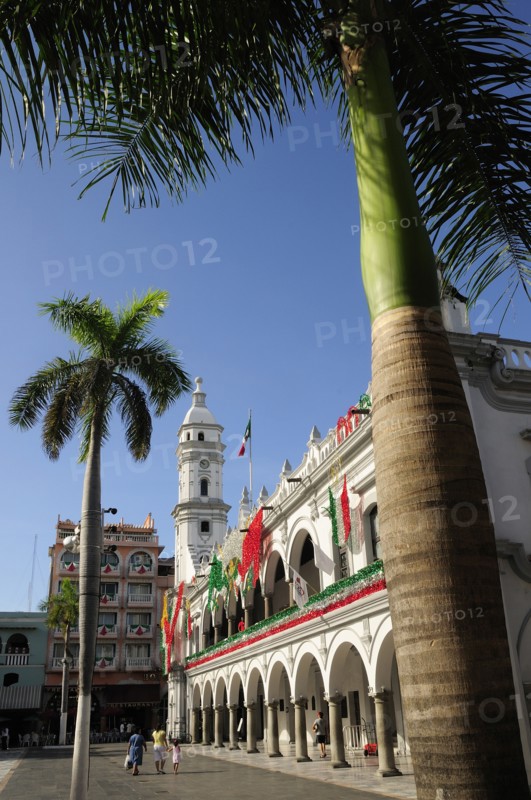 Mexico, Veracruz, Palm trees in the zocalo and government buildings decorated with national colours. Photo : Nick Bonetti