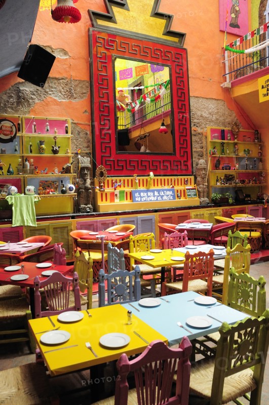 Mexico, Bajio, Queretaro, Colourful restaurant interior. Photo : Nick Bonetti
