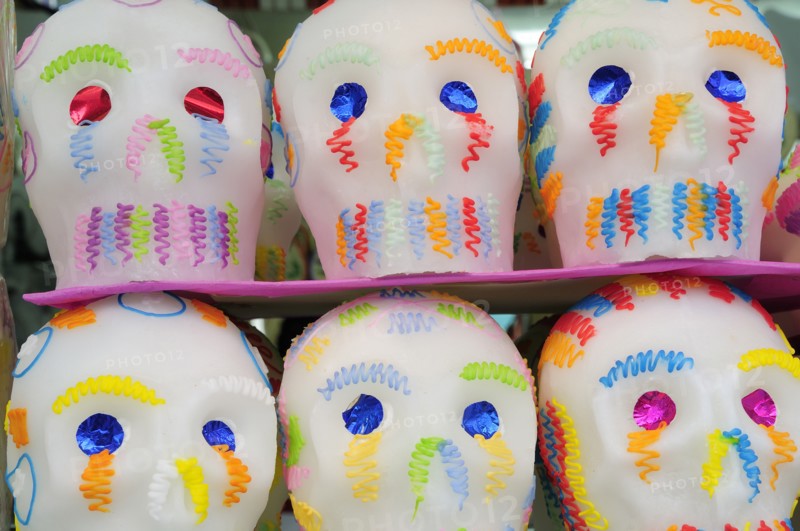 Mexico, Puebla, Sugar candies in the shape of skulls for Dia de los Muertos or Day of the Dead festivities. Photo : Nick Bonetti
